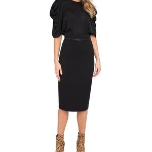 Black Halo pencil skirt, high waited Jackie O style. Sz0, black w/leather belt